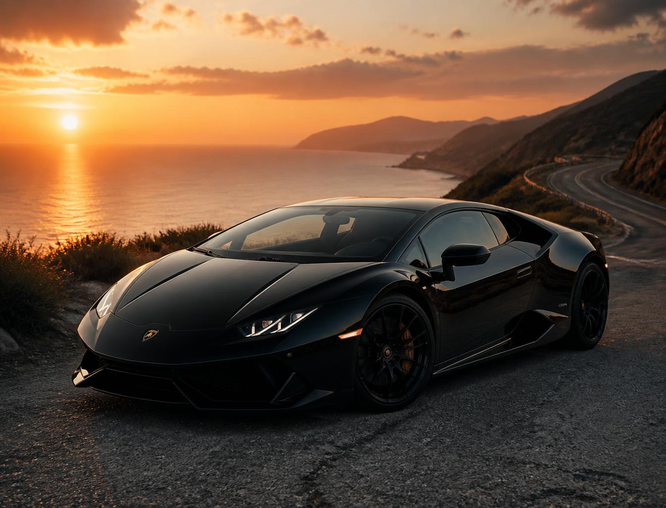 Black Lamborghini Huracán on a coastal road at sunset